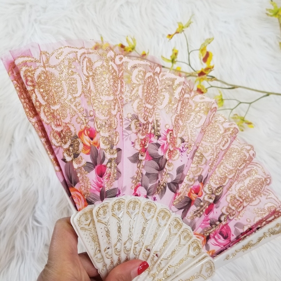 Pink and Gold Floral White Chinese Hand Fan. - Picture 3 of 9